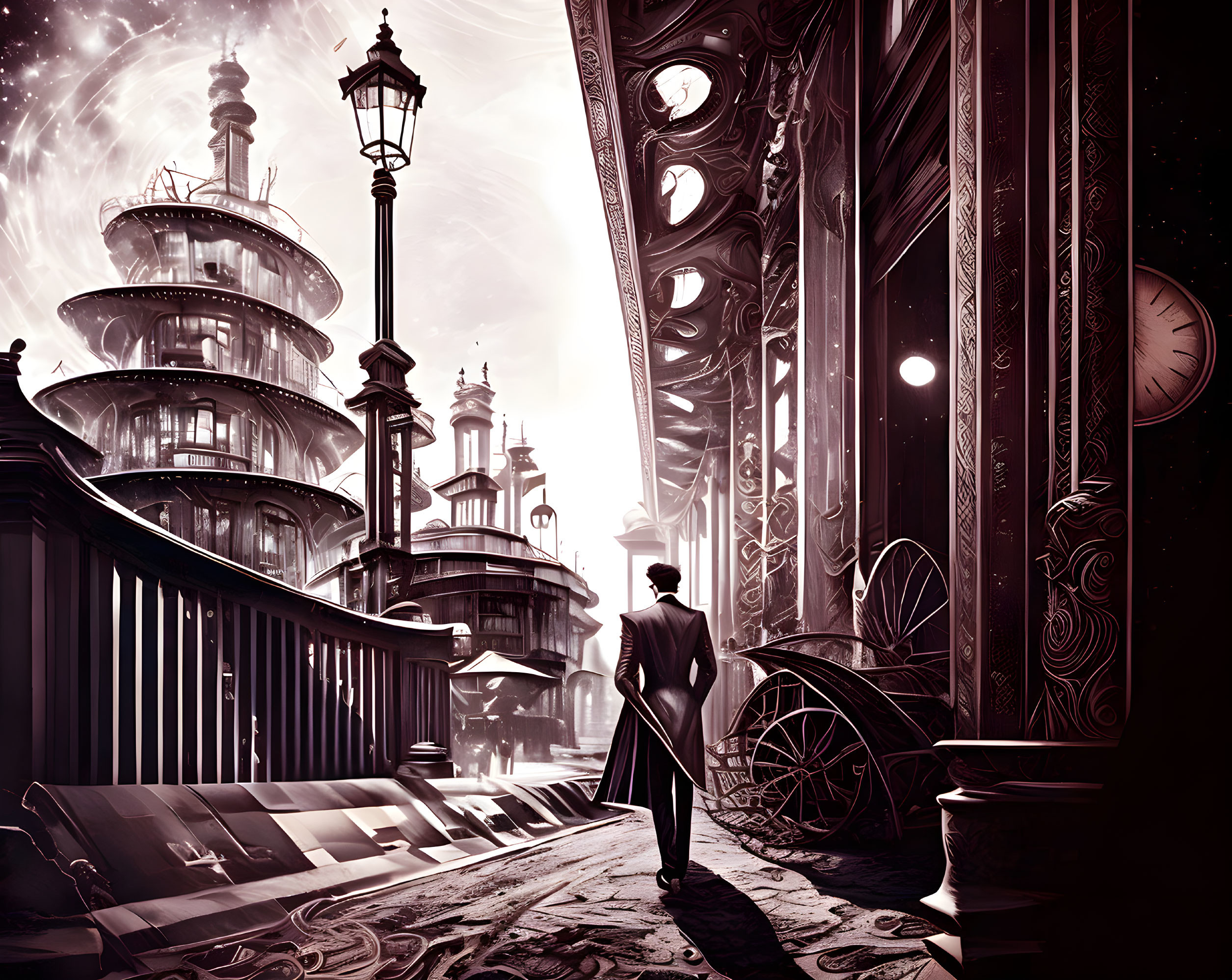 Illustration of person in coat before futuristic cityscape