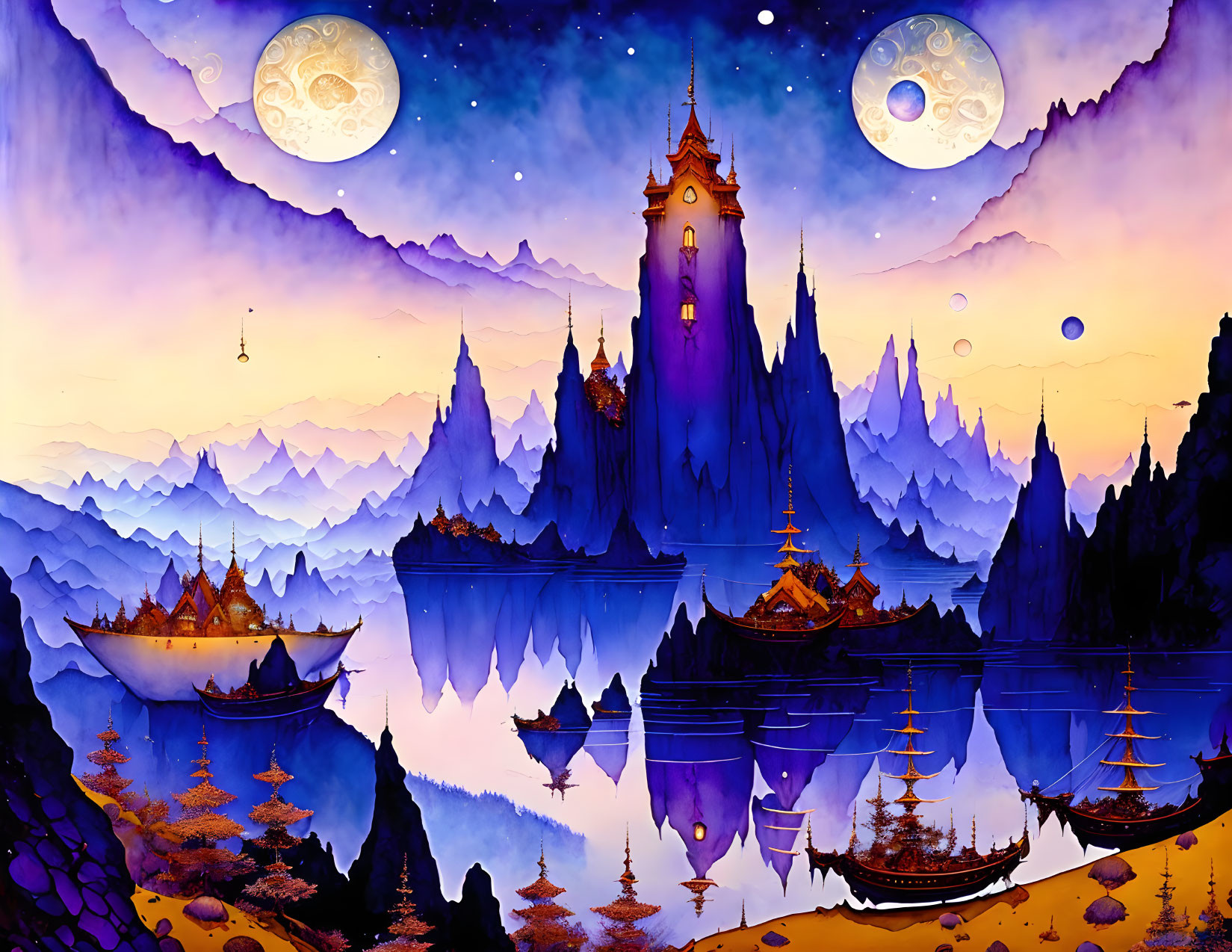 Fantasy castle on peaks with ships, dual moons, reflective water, twilight sky