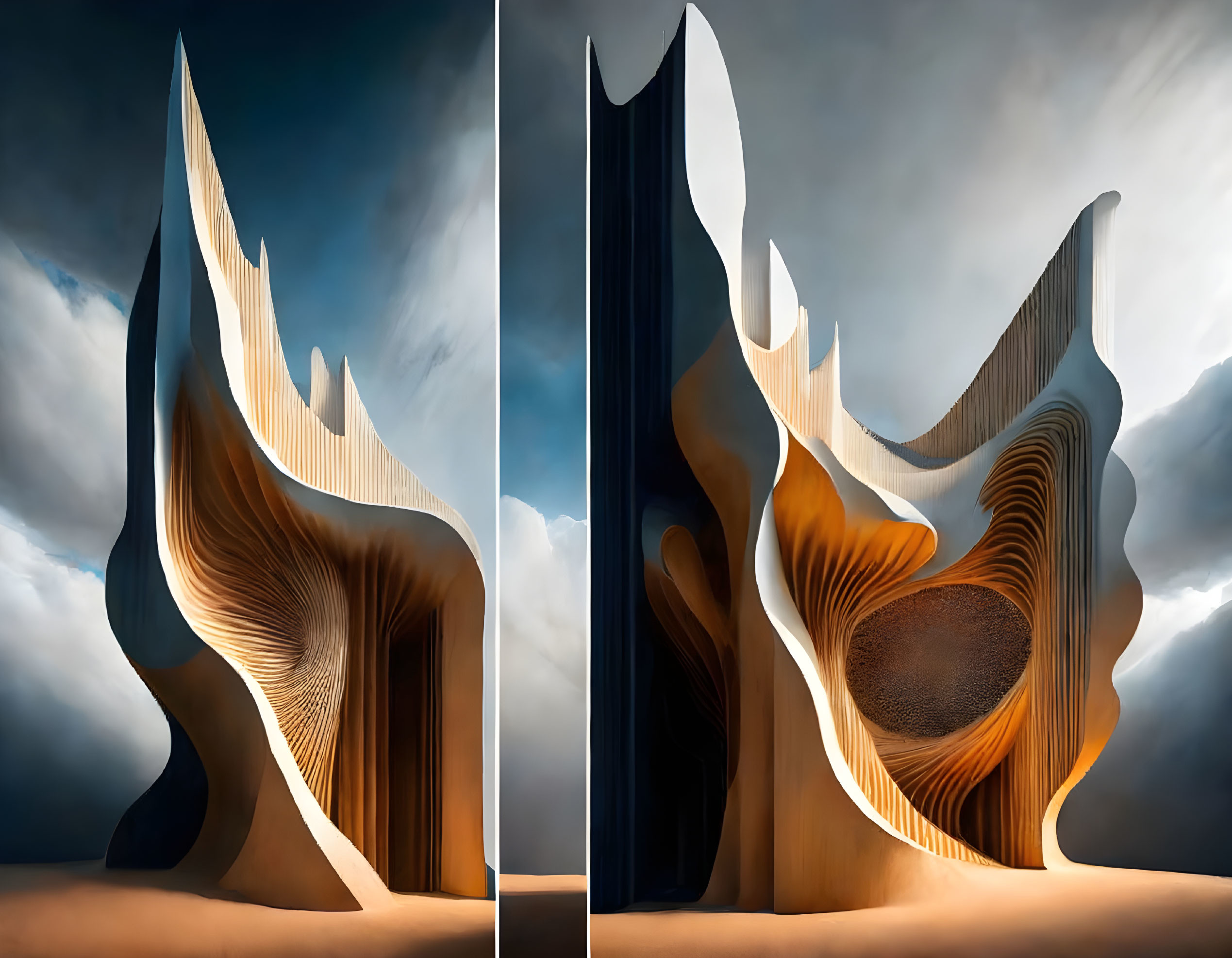 Modern Abstract Wooden Structure Diptych Display with Dramatic Sky