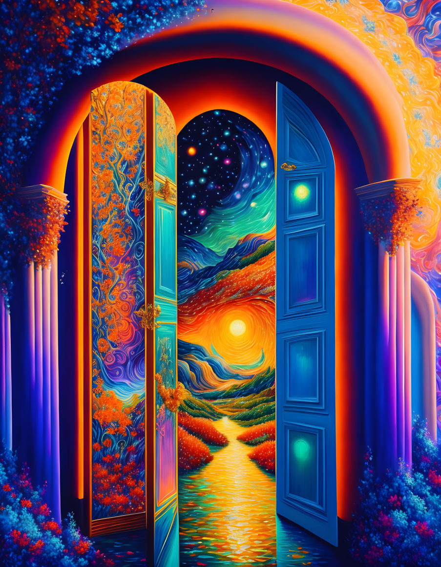 Colorful digital artwork: Open door to fantastical landscape with river, sunset, cosmic elements, star