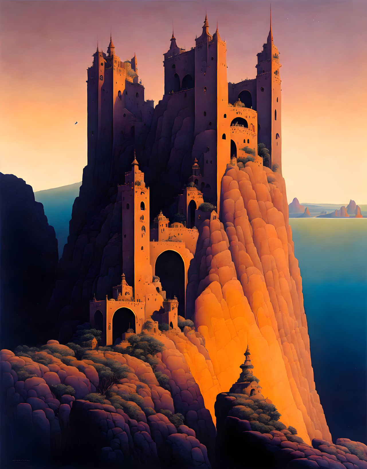 Castle on steep mountain at sunset with bird and distant peaks