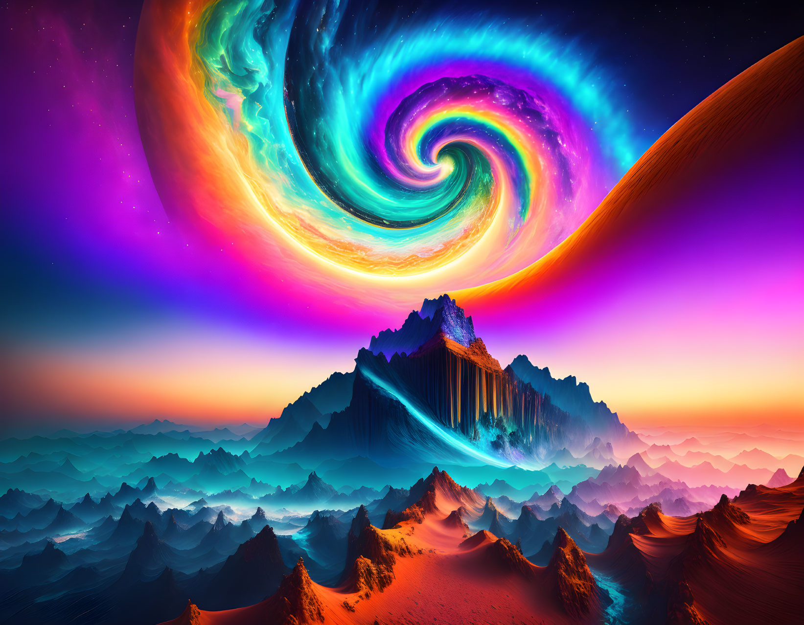 Colorful Digital Art: Mountains under Swirling Galaxy