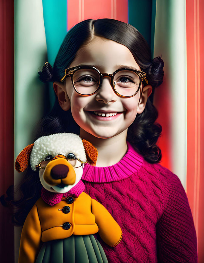 Illustrated Smiling Girl with Glasses Holding Toy Dog on Striped Background