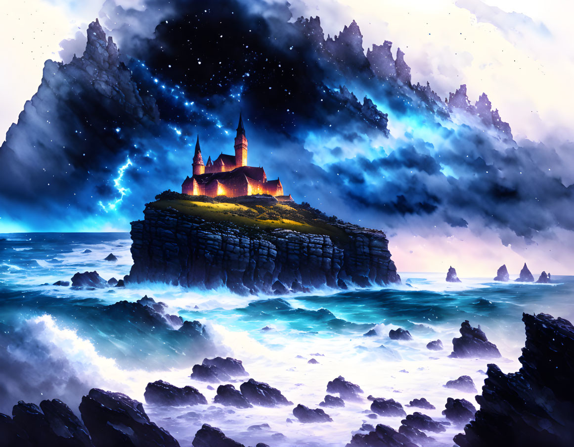 Castle on Cliff Overlooking Rough Seas at Night with Enigmatic Glow