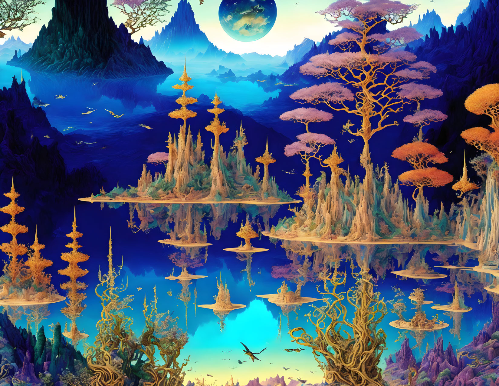 Fantastical landscape with luminescent trees and floating islands