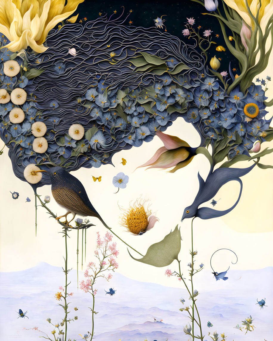 Woman with Flowing Flower and Bird Hair in Nature Scene on Yellow Floral Background