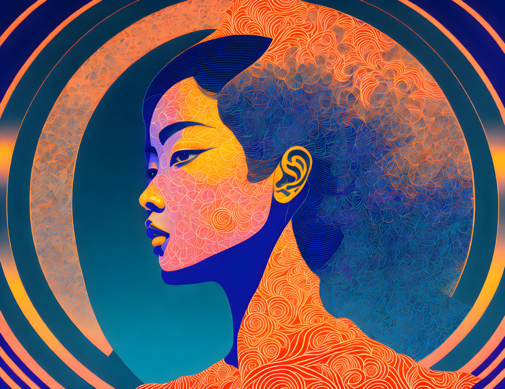 Vivid blue and orange side profile woman illustration with swirl patterns