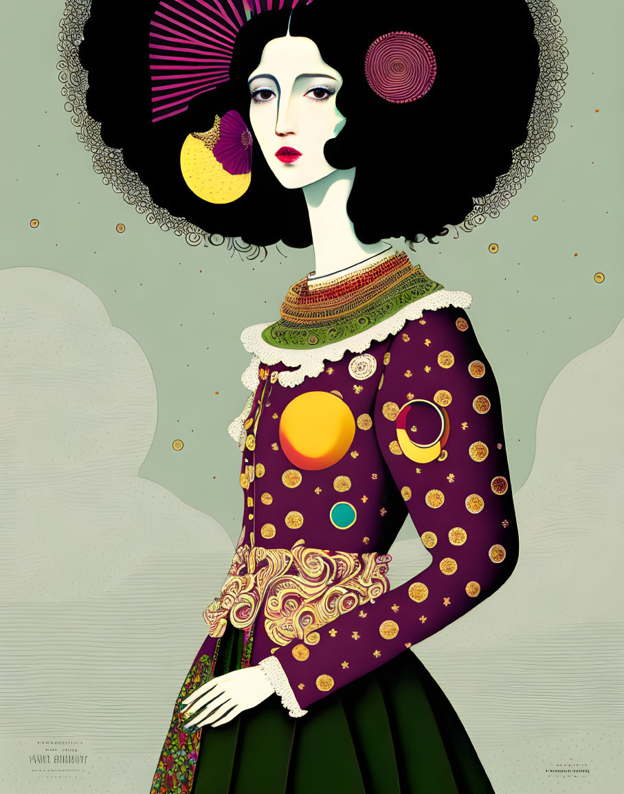 Stylized female figure with elaborate afro and cosmic patterns on muted background