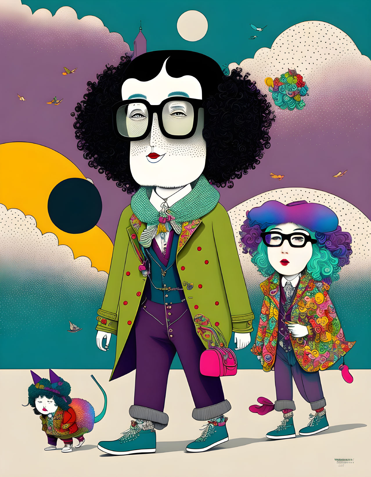 Whimsical characters in fashionable outfits with cat in colorful illustration