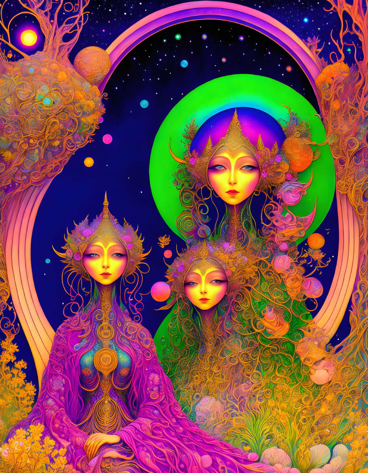 Psychedelic illustration of mystical female figures in cosmic setting