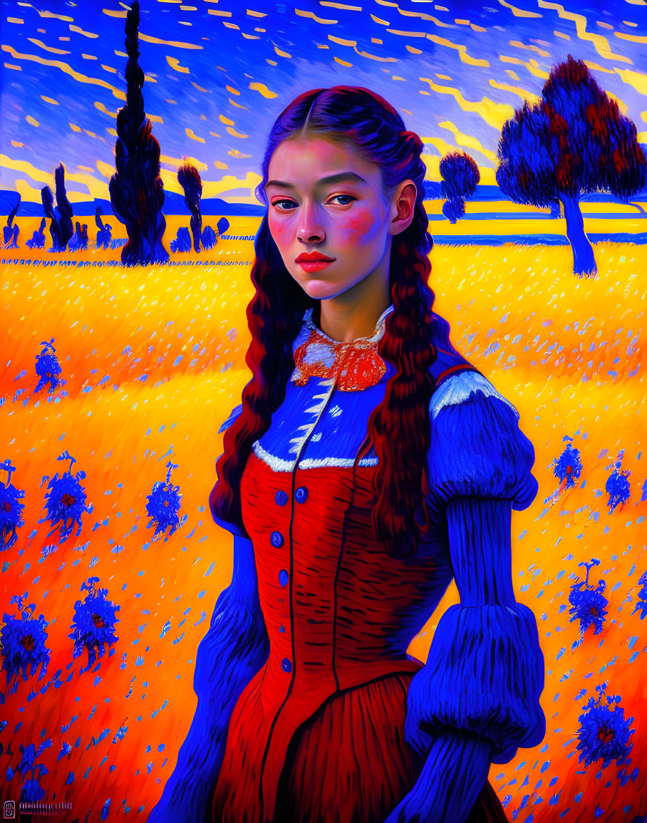 Young girl with braided hair in vibrant landscape