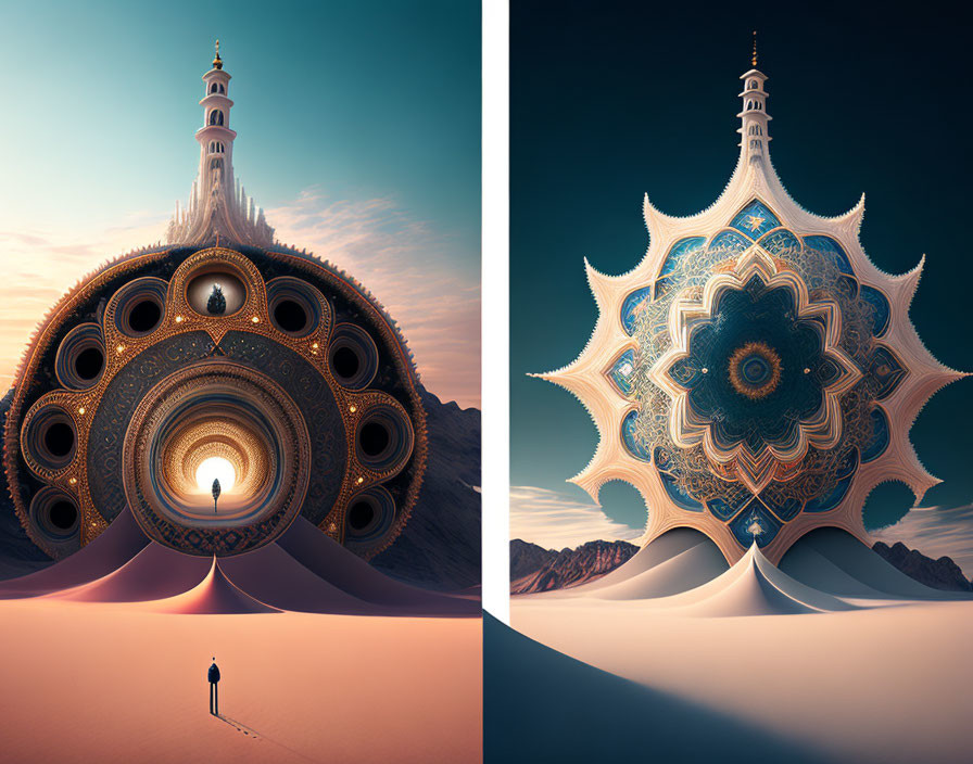 Surreal diptych of figure and ornate structure in desert landscape