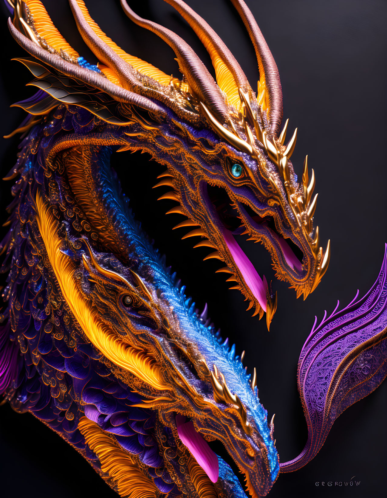 Detailed Multi-Colored Dragon with Golden, Orange, and Blue Scales