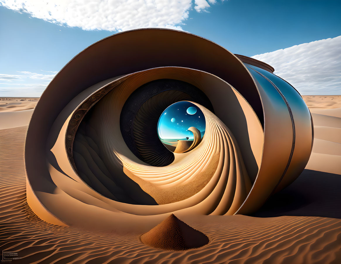 Surreal desert landscape with spiraling sand dunes and blue sky