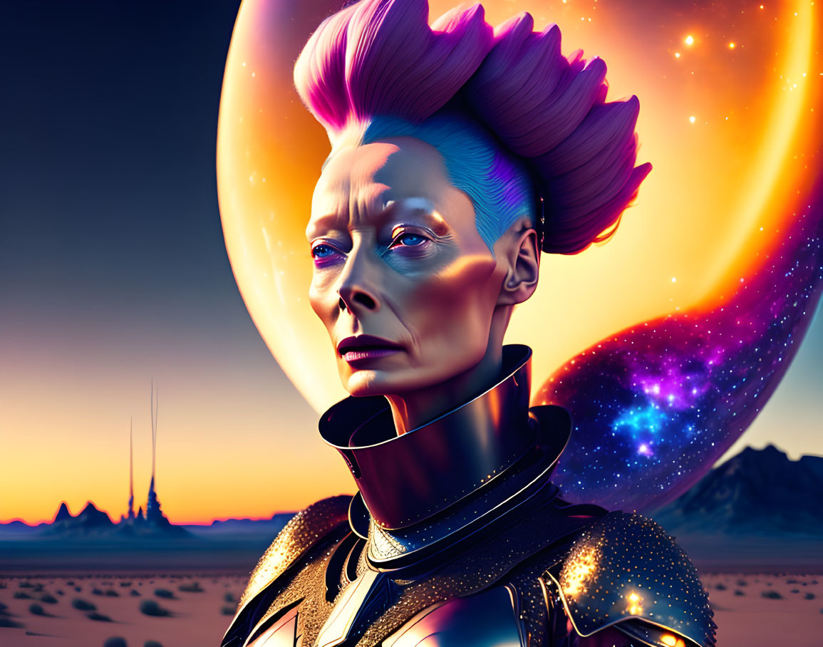 Futuristic character with purple mohawk and blue skin in armored suit against cosmic desert landscape