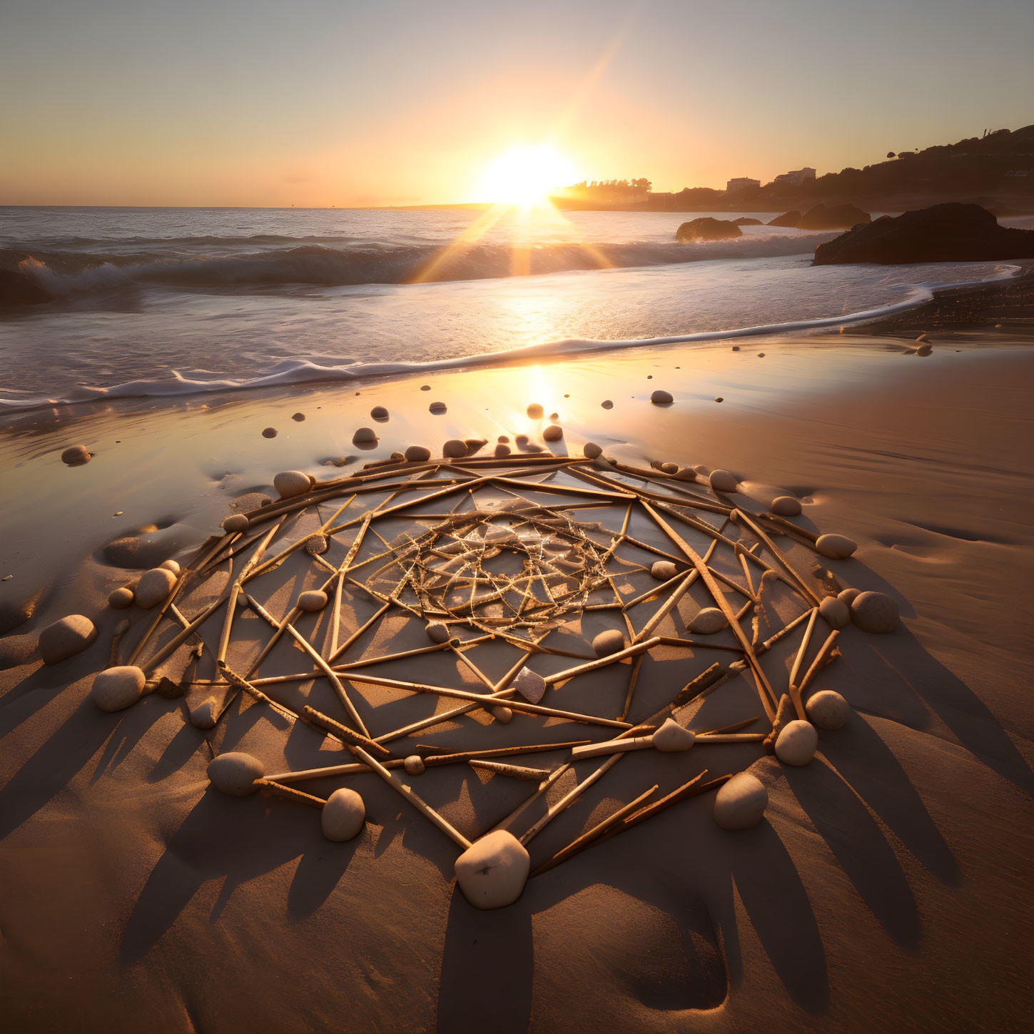 Geometric stick and stone pattern on beach at sunset