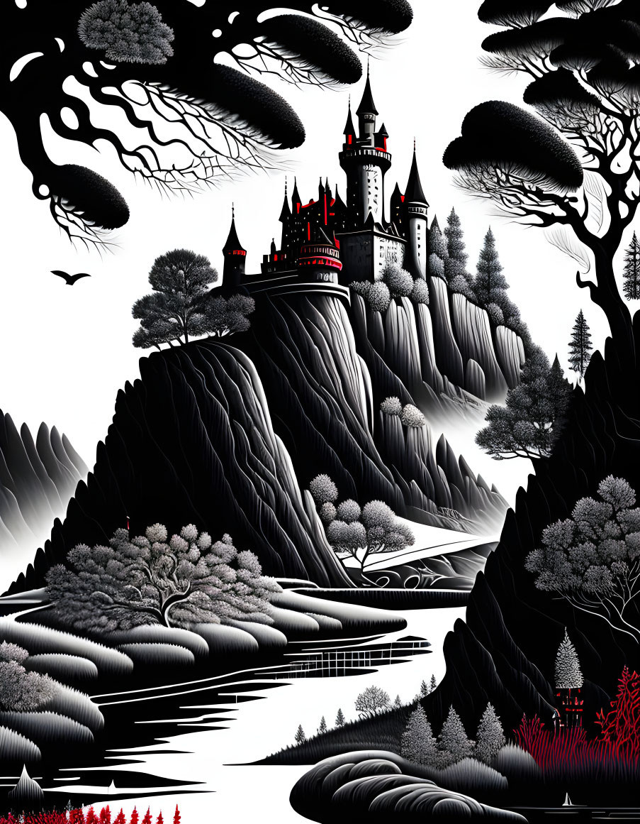 Monochrome fantasy landscape with castle, cliffs, trees, river, and birds