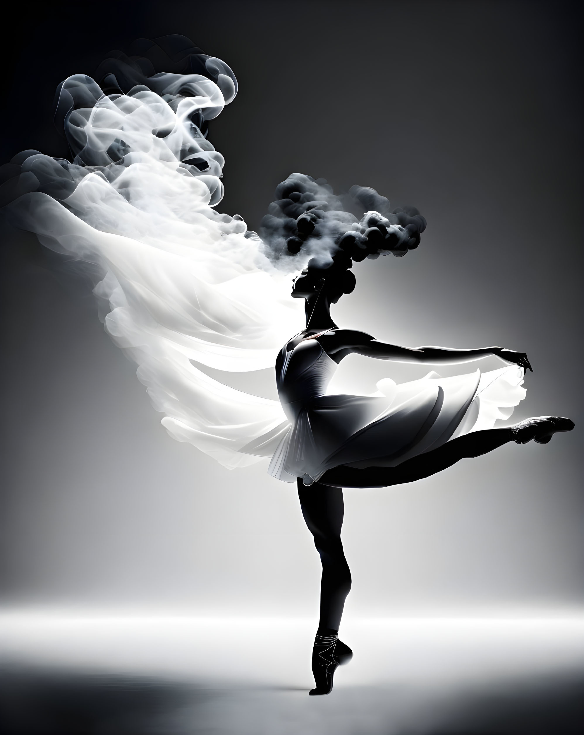 Ballerina silhouette with smoke-like hair in flowing dress on gradient background