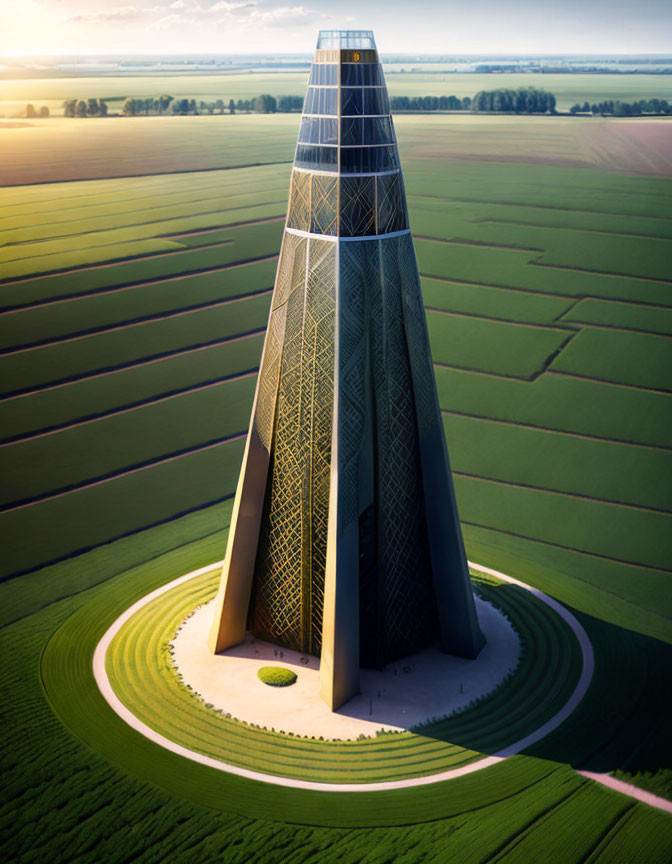 Glass facade futuristic tower with geometric patterns in green fields