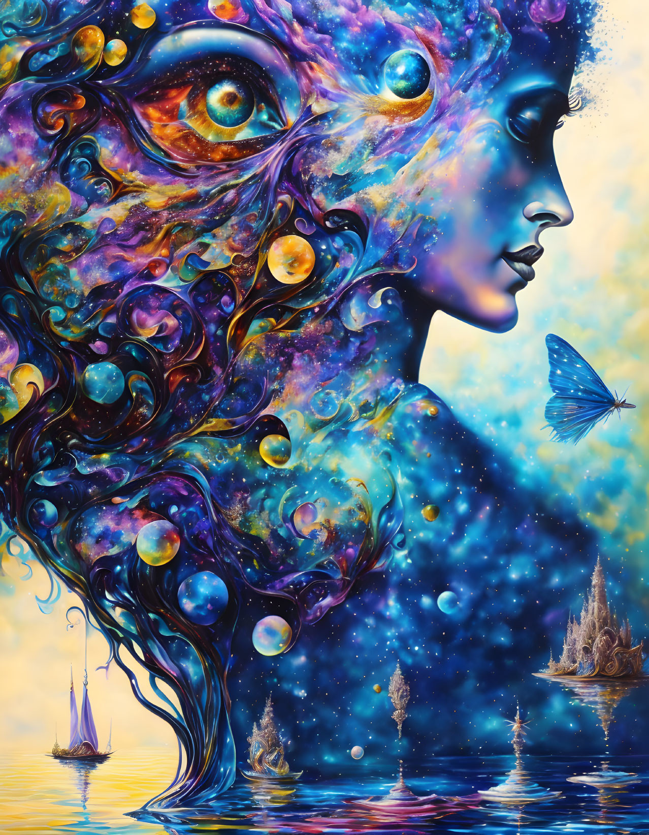 Colorful artwork: Woman's profile in cosmic seascape with galaxy eyes, swirling colors, stars,