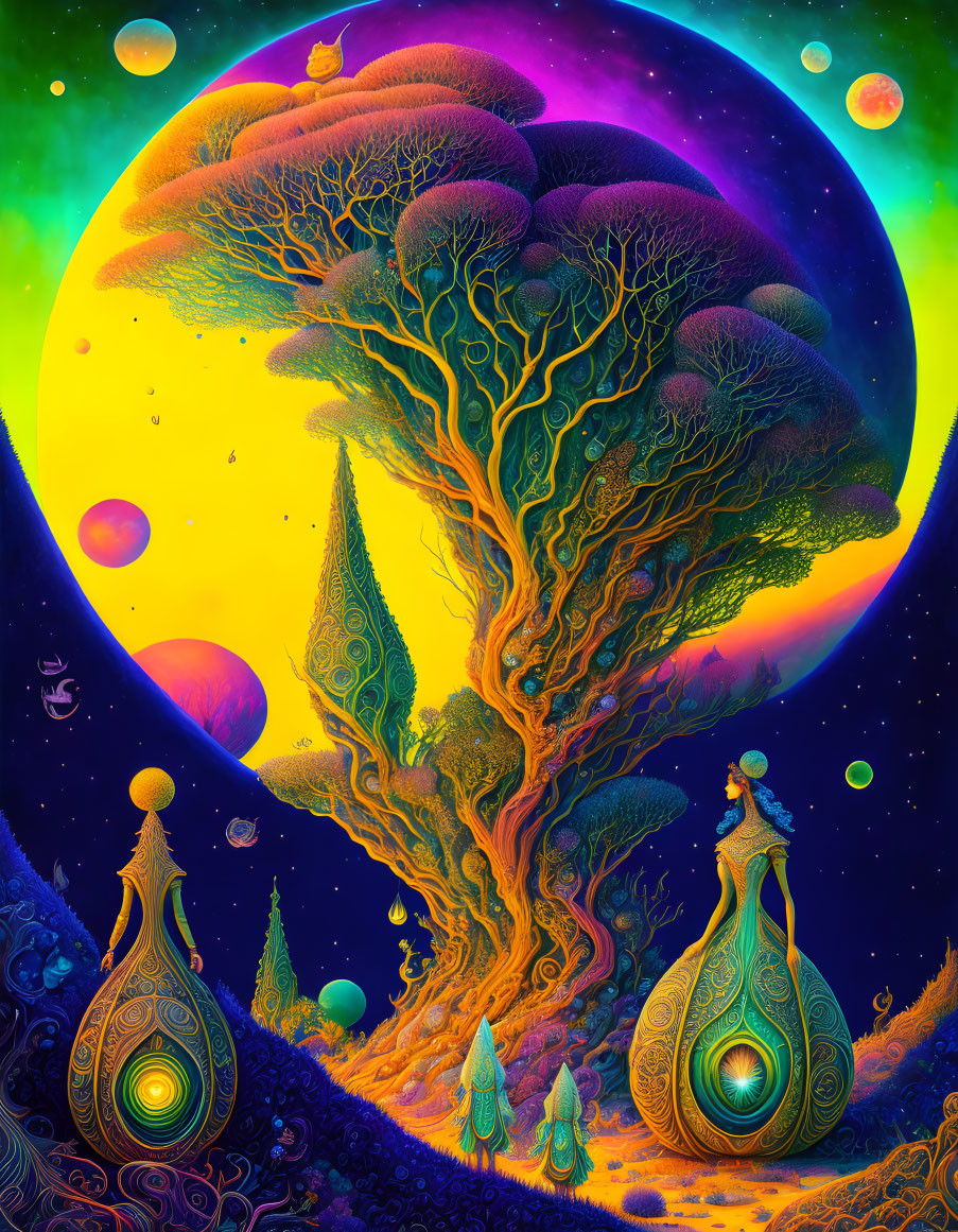 Colorful psychedelic tree with peacock creatures in cosmic setting