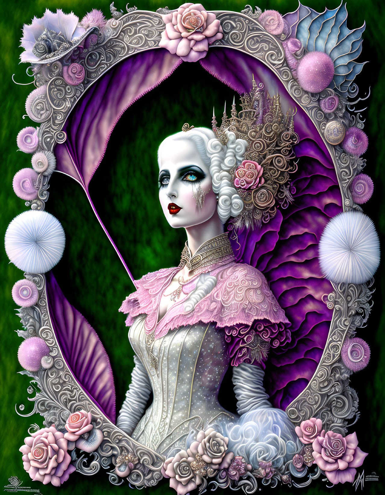 Detailed Gothic Woman Artwork with Floral and Feather Motifs