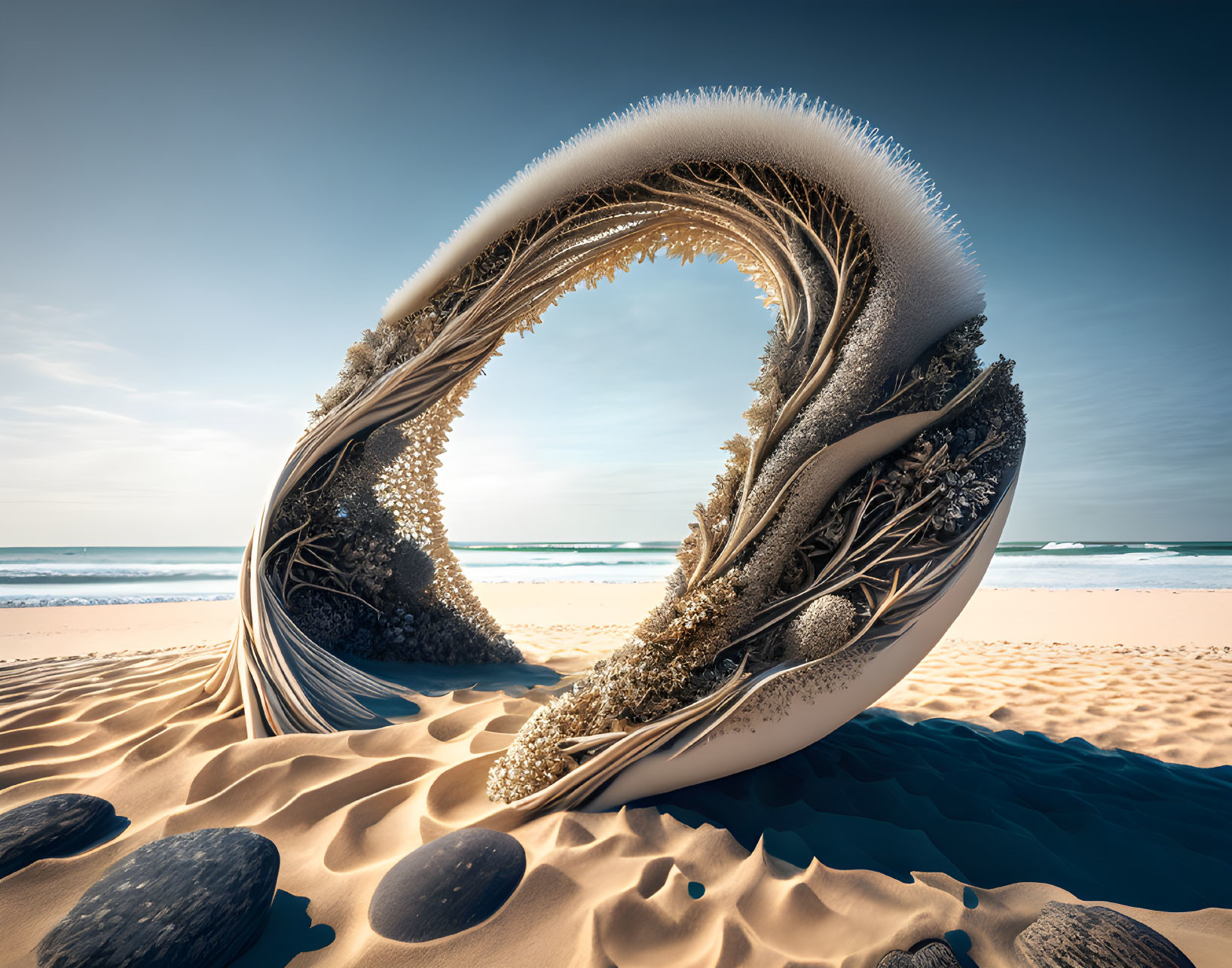 Sculpture resembling coral on beach under blue sky