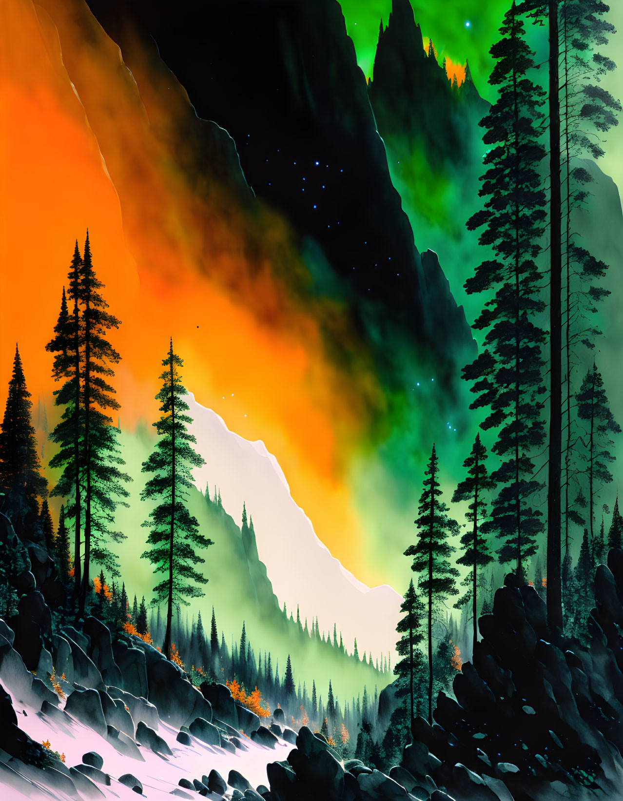 Vivid landscape with orange skies, silhouetted pine trees, and aurora over mountains