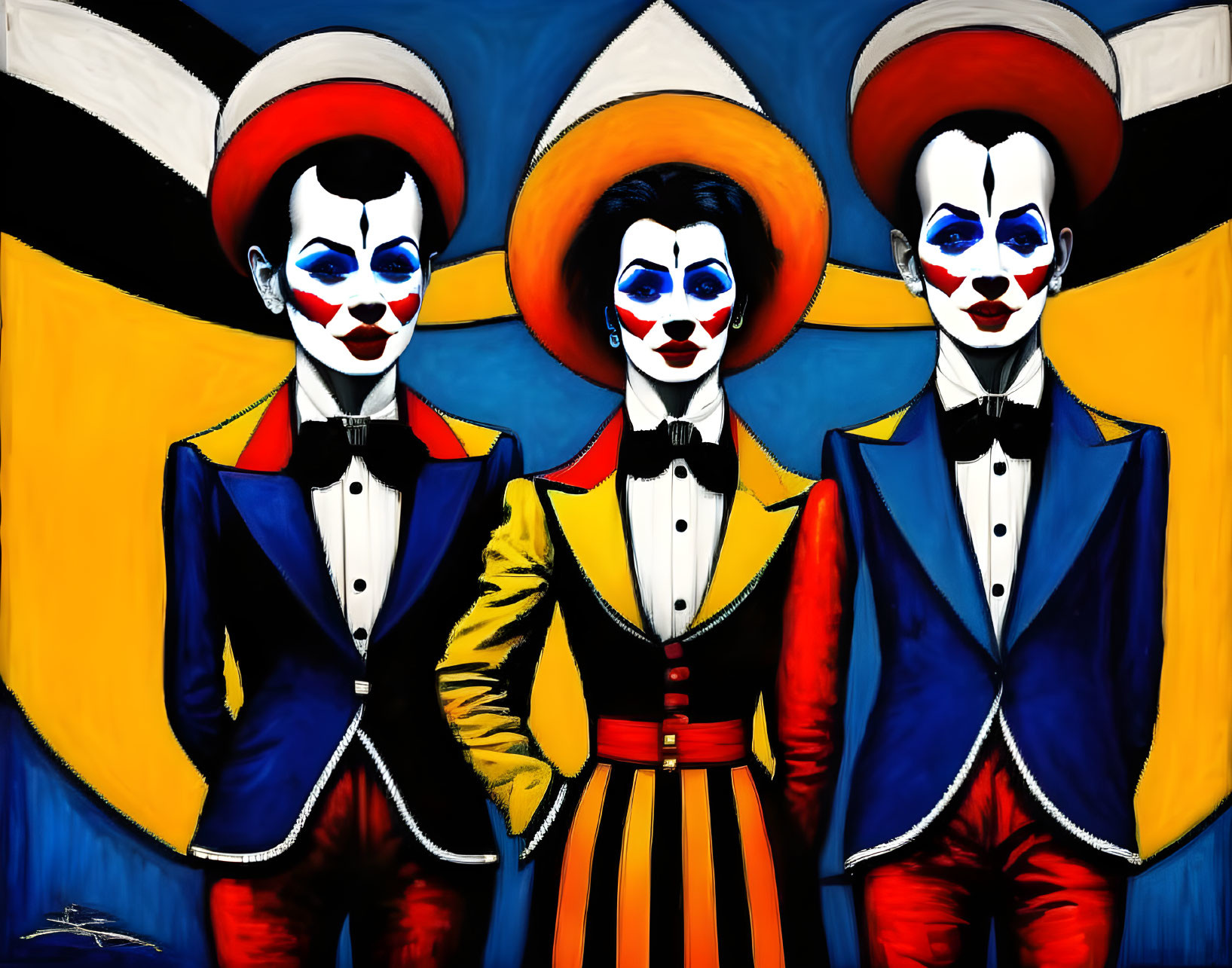 Colorful Circus Attire: Stylized Figures with Clown Makeup