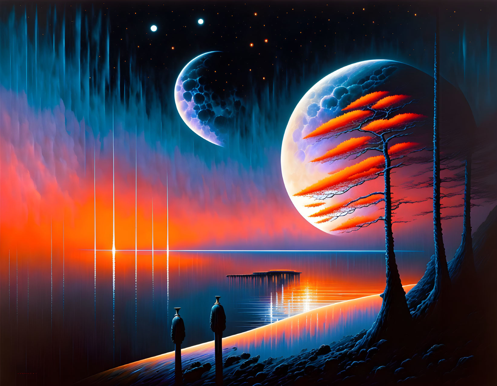 Sci-fi landscape with two moons, luminous lake, starry sky, silhouetted figures