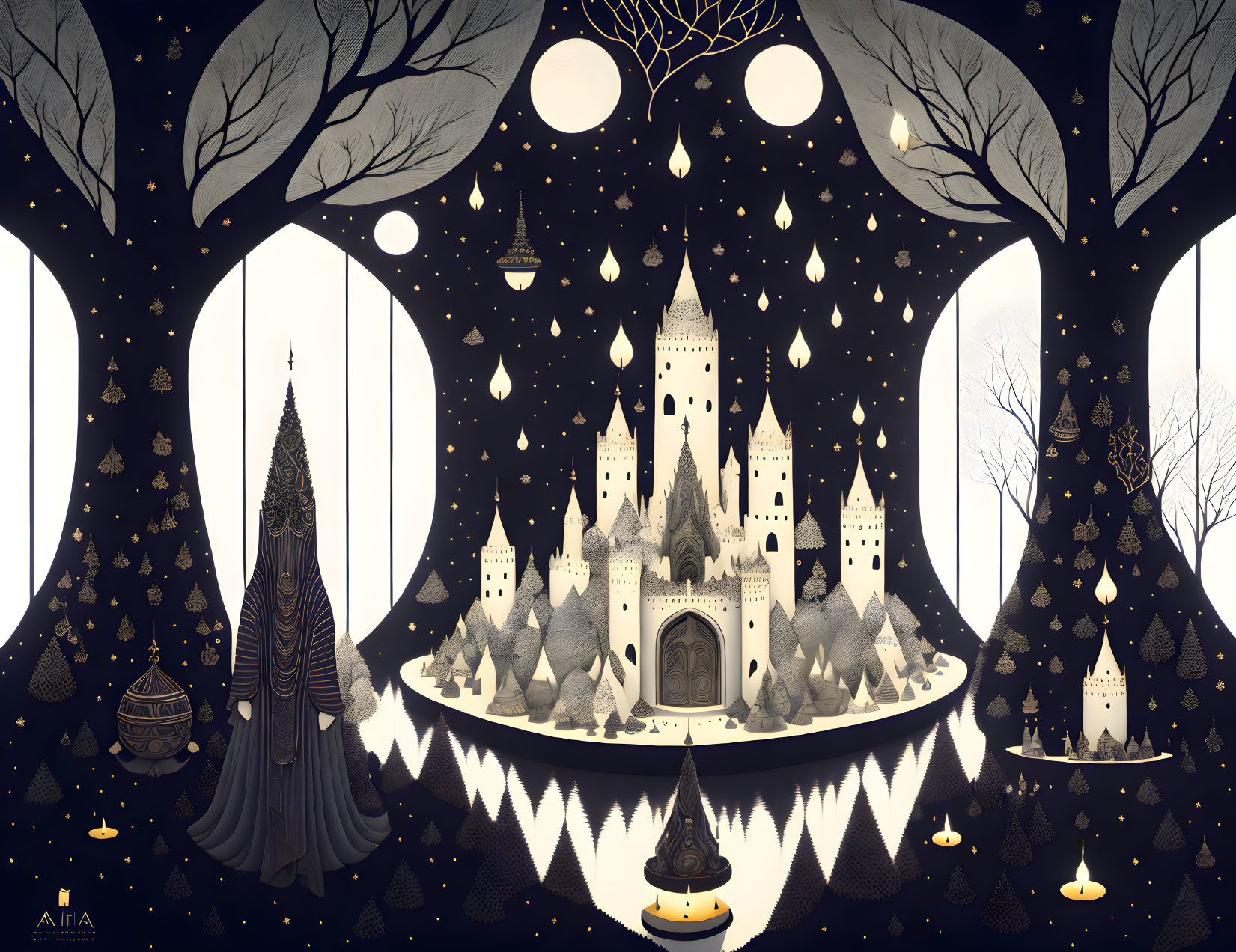 Monochromatic fantasy castle illustration with regal figure and intricate details