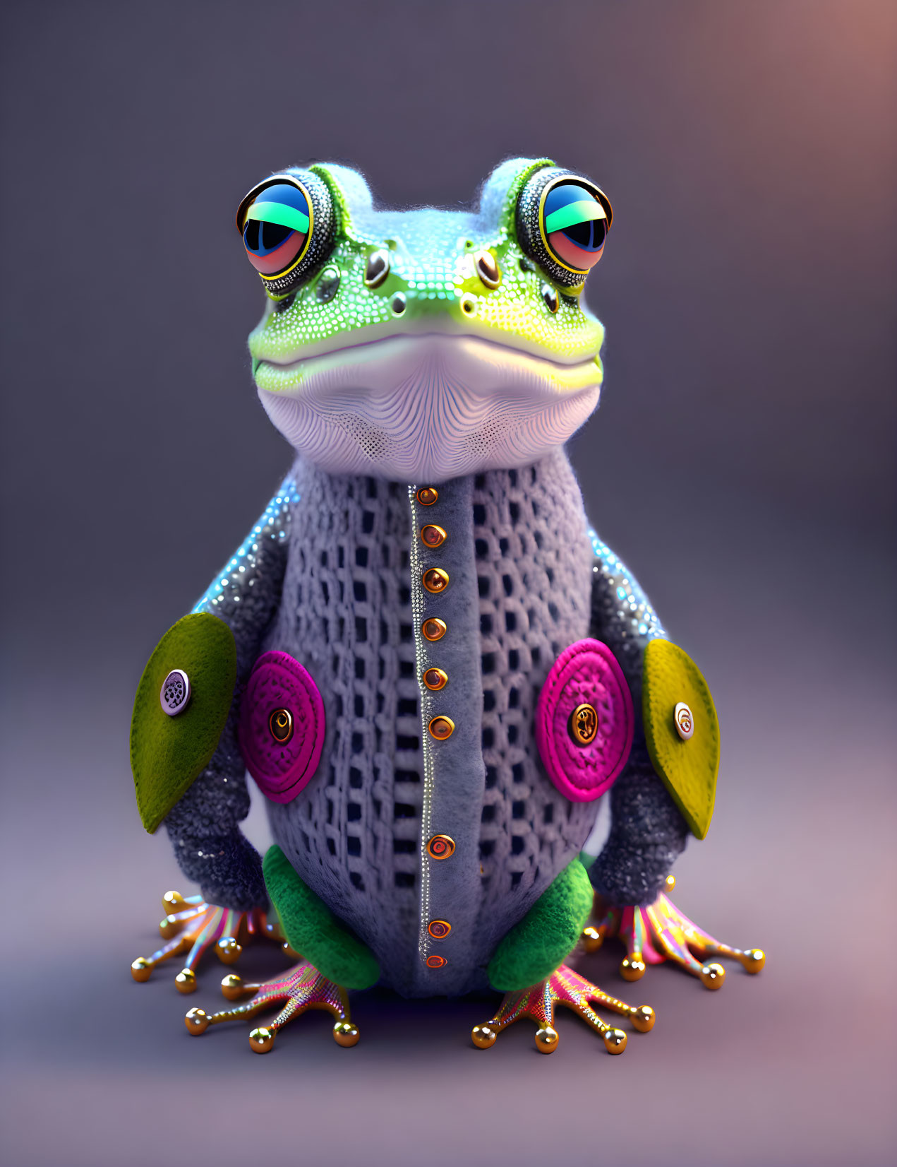 Colorful 3D frog illustration in knitted sweater