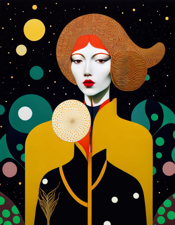 Colorful Woman Illustration with Red Lips and Celestial Motifs