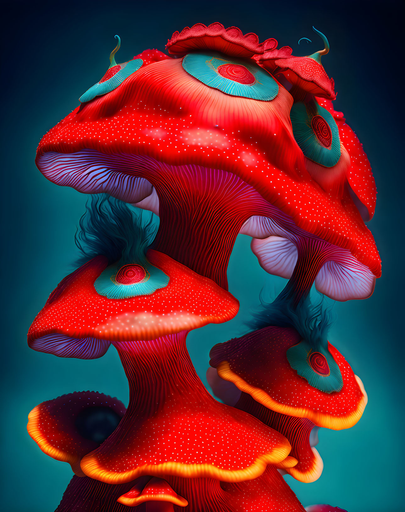 Surreal red and orange mushroom digital art on dark blue backdrop