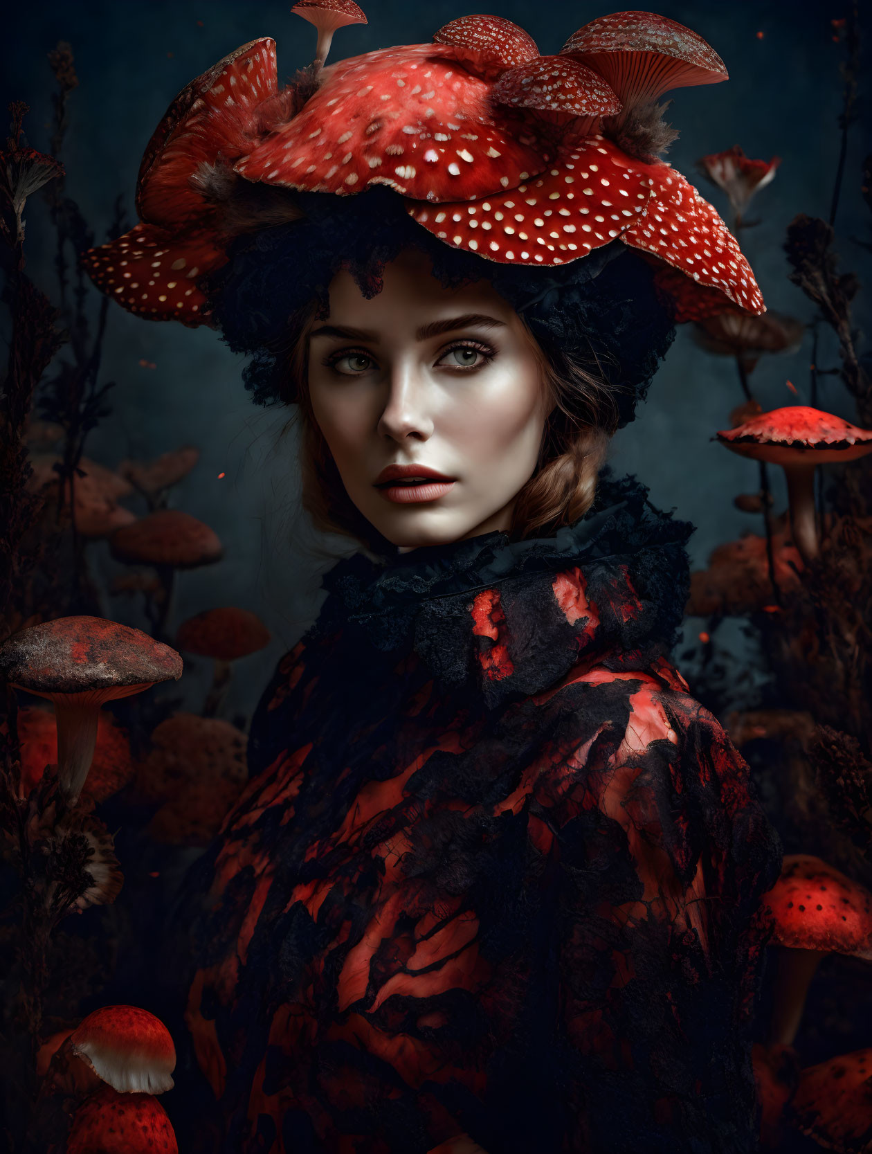 Woman in Red and Black Mushroom-Themed Attire in Foliage