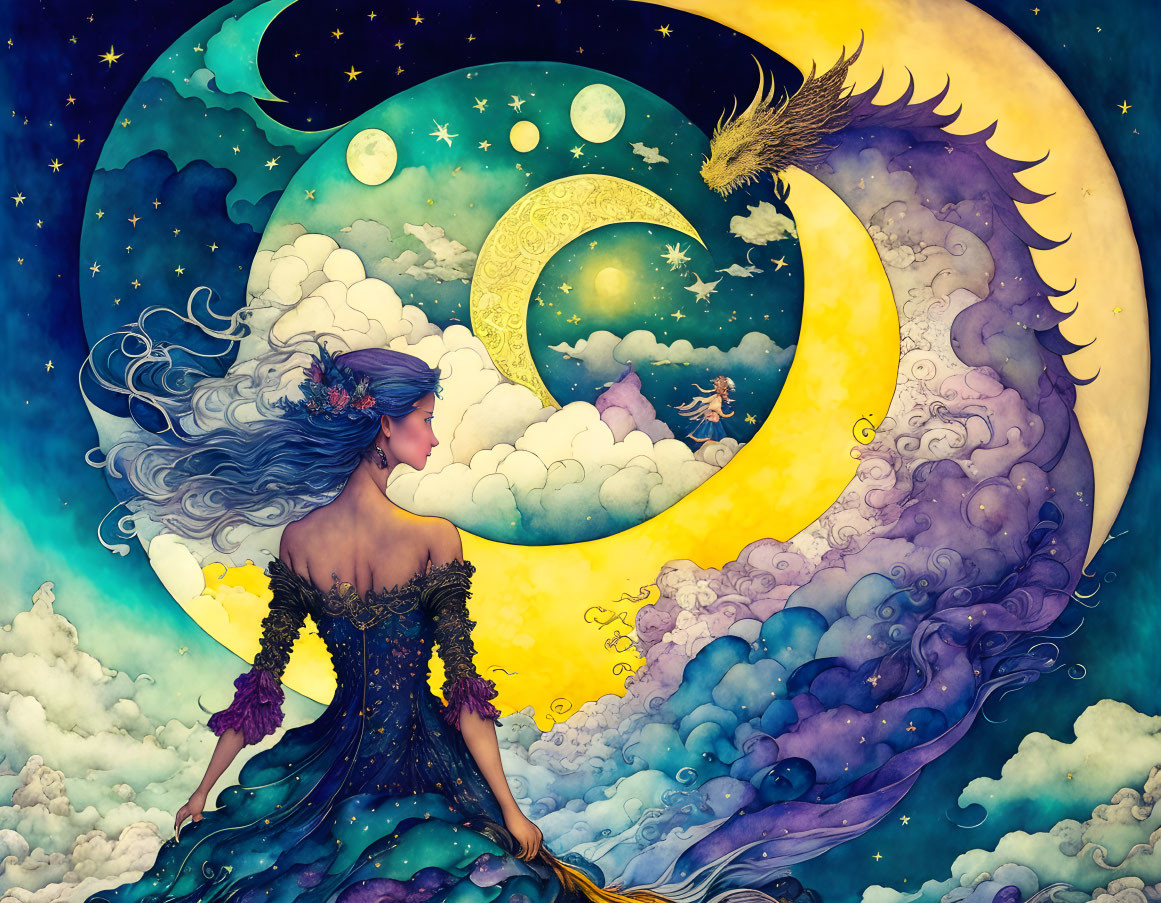 Whimsical illustration of woman in starry gown under crescent moon