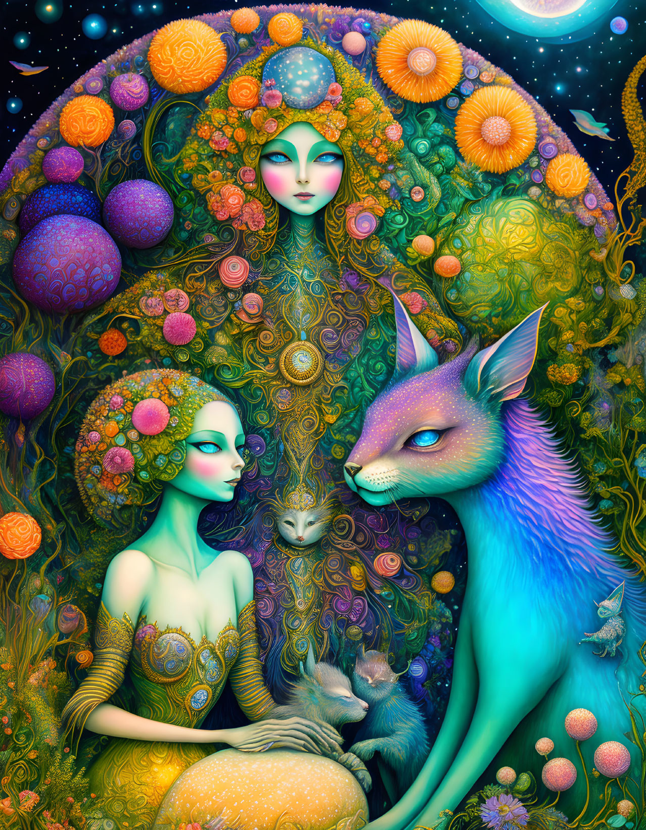 Colorful Psychedelic Artwork: Ethereal Humanoids, Majestic Fox, Celestial Mot