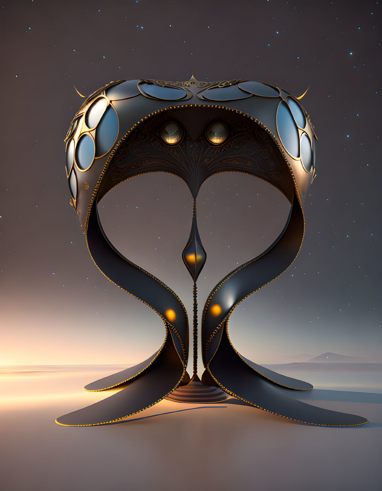 Futuristic metal mask sculpture with elegant curves and glowing orbs on twilight sky backdrop