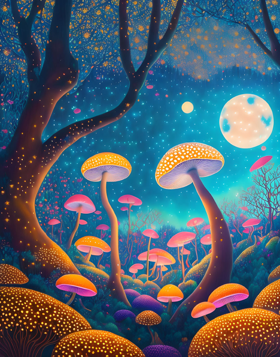 Fantasy forest night scene with luminous mushrooms under starry sky