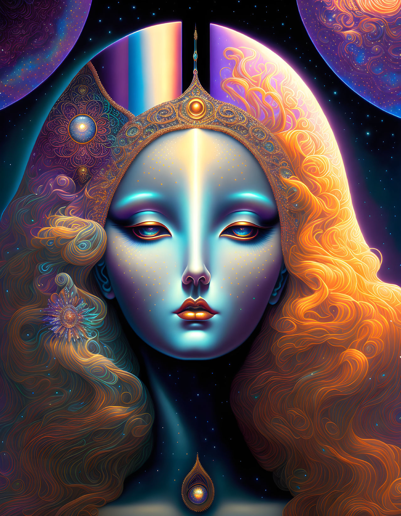 Blue-skinned female figure with celestial motifs and orange hair.