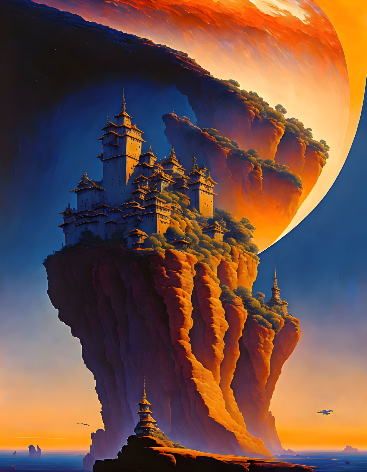 Fantastical cliffside city with towering spires under giant planet at sunset