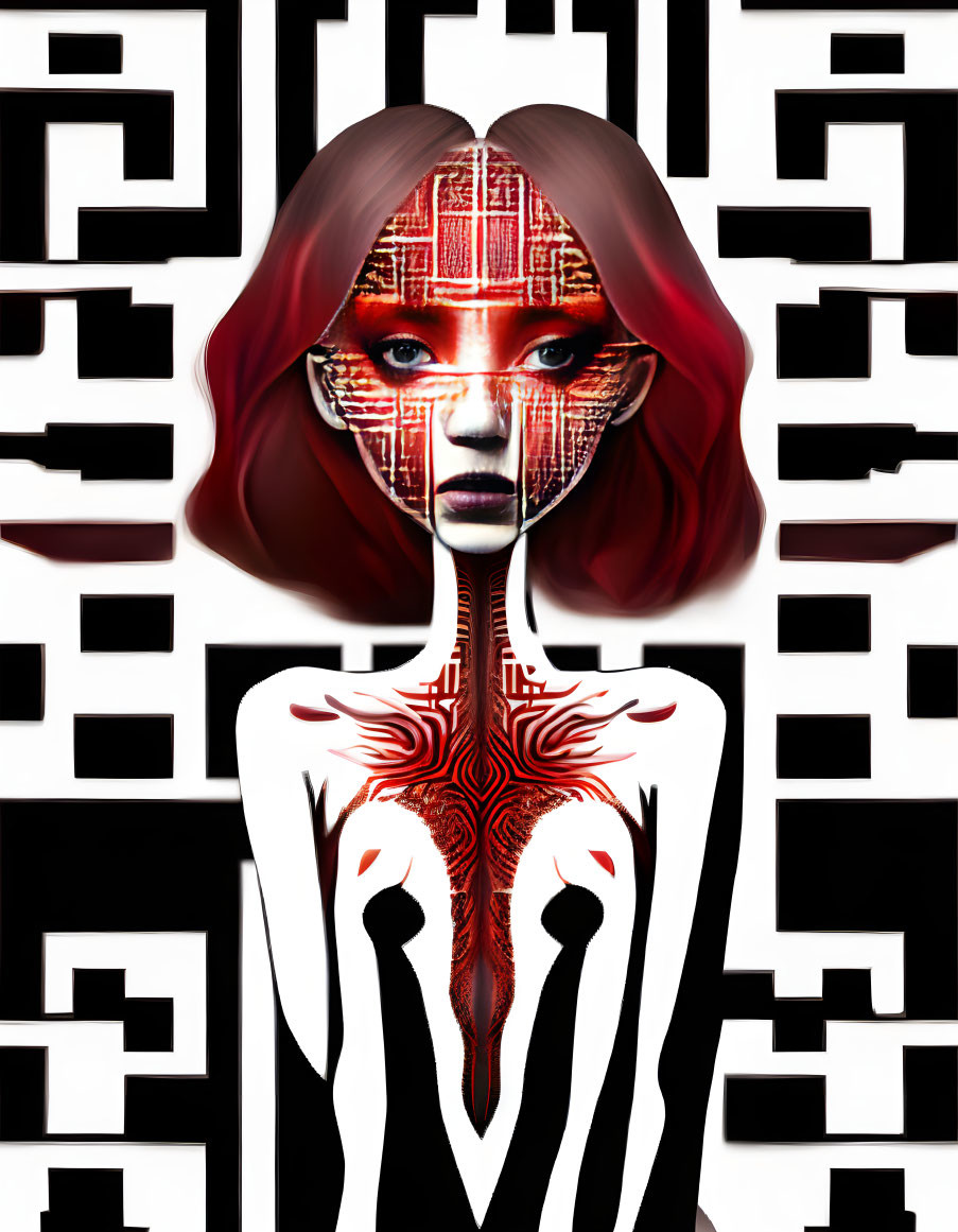 Digital artwork: Female figure with labyrinth backdrop and circuit-like red patterns