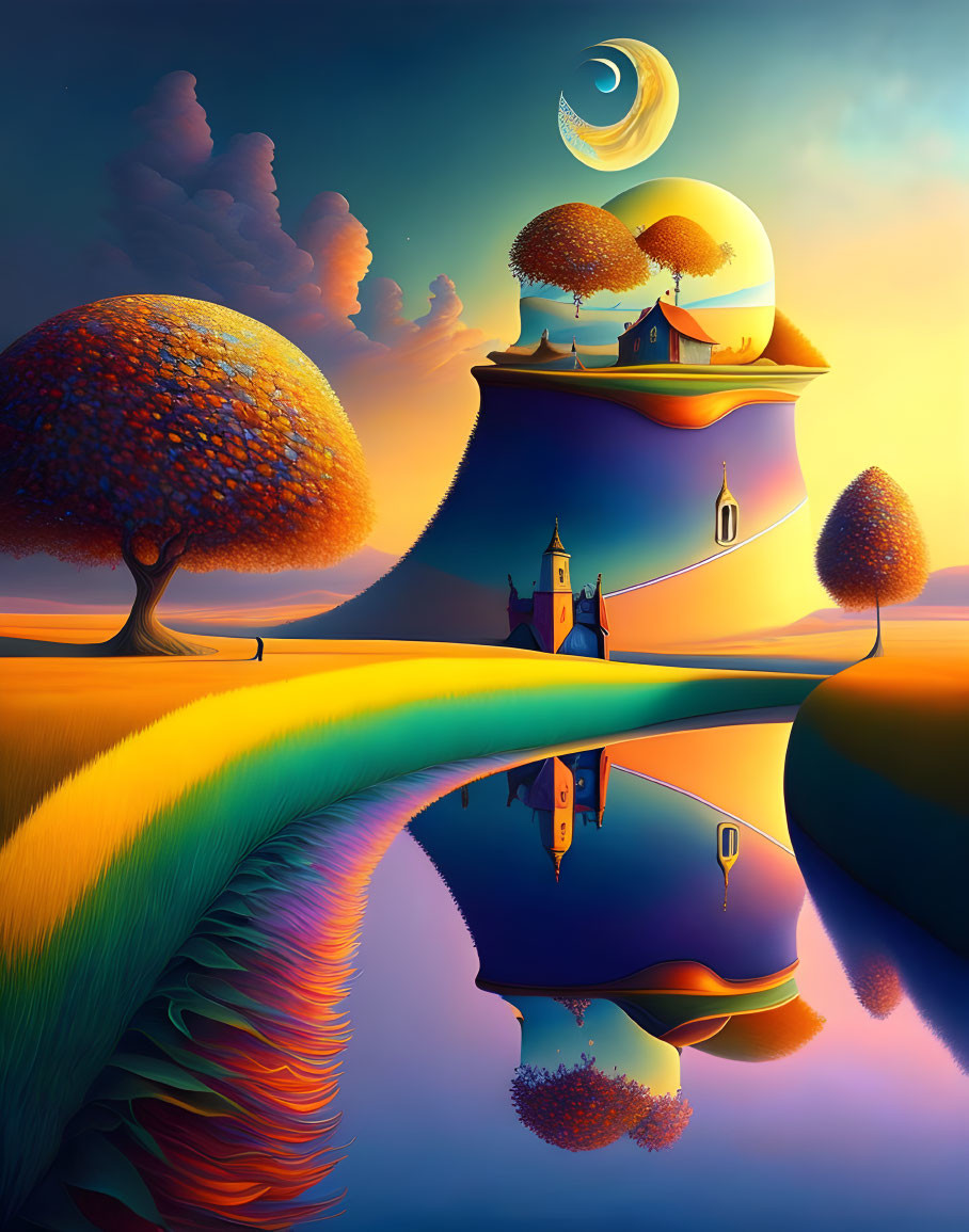 Vibrant surreal landscape with whimsical hills, reflective lake, quaint house, and floating crescent