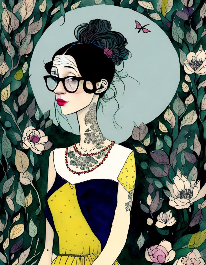 Illustrated woman with tattoos, glasses, bun, yellow top, surrounded by floral vines and butterfly.