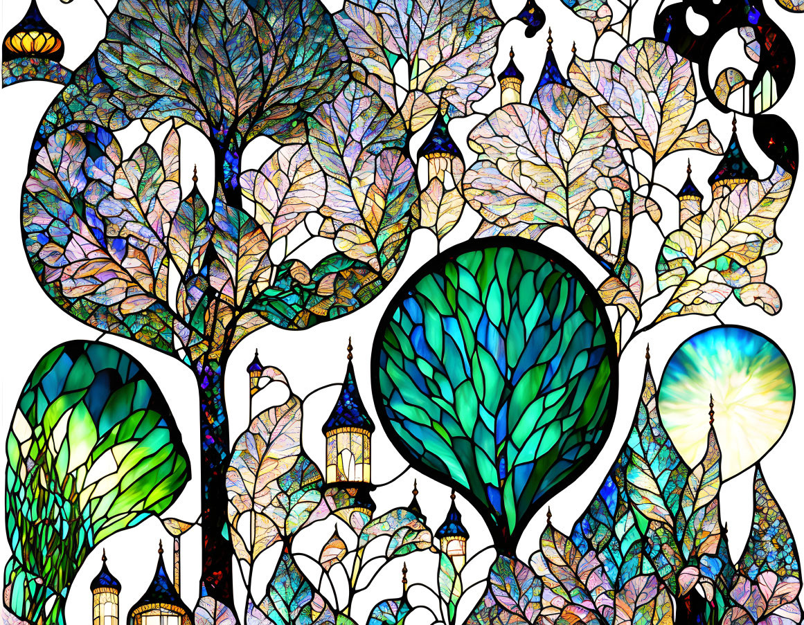 Colorful Stained Glass-Style Illustration of Trees and Castle Towers