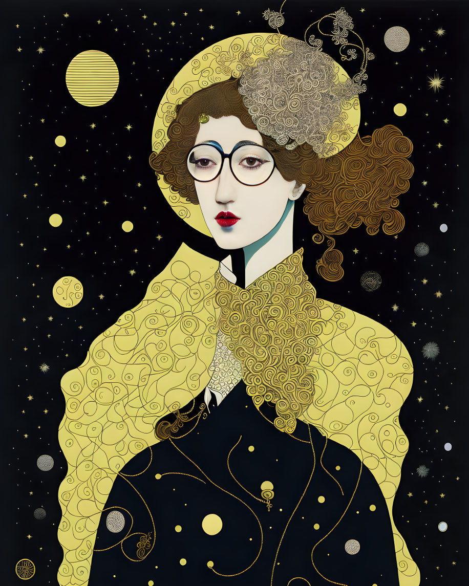 Illustrated woman with glasses and decorative headdress in yellow-patterned cloak on starry background