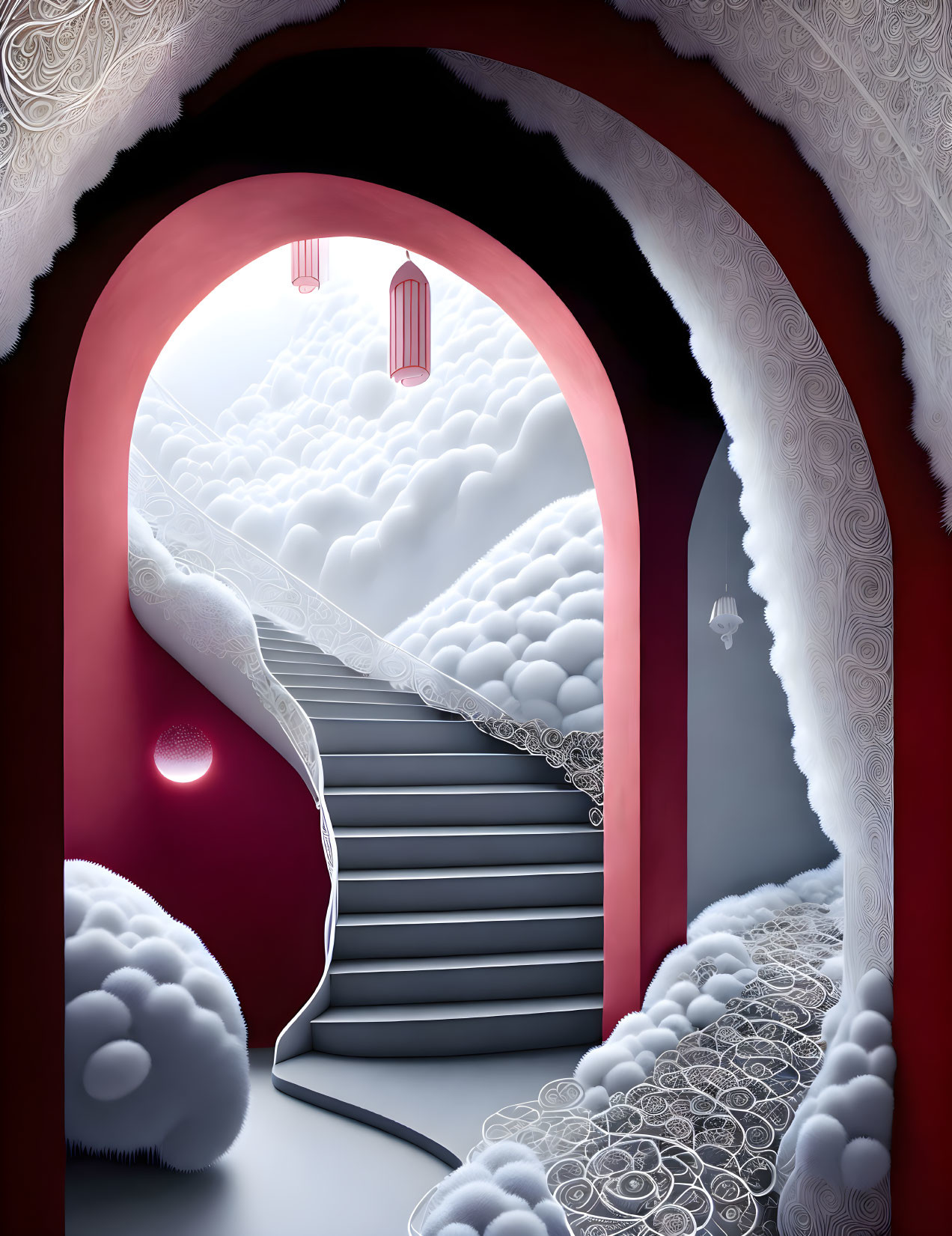 Surreal archway with pink-lit scene, staircase, patterns, and lanterns