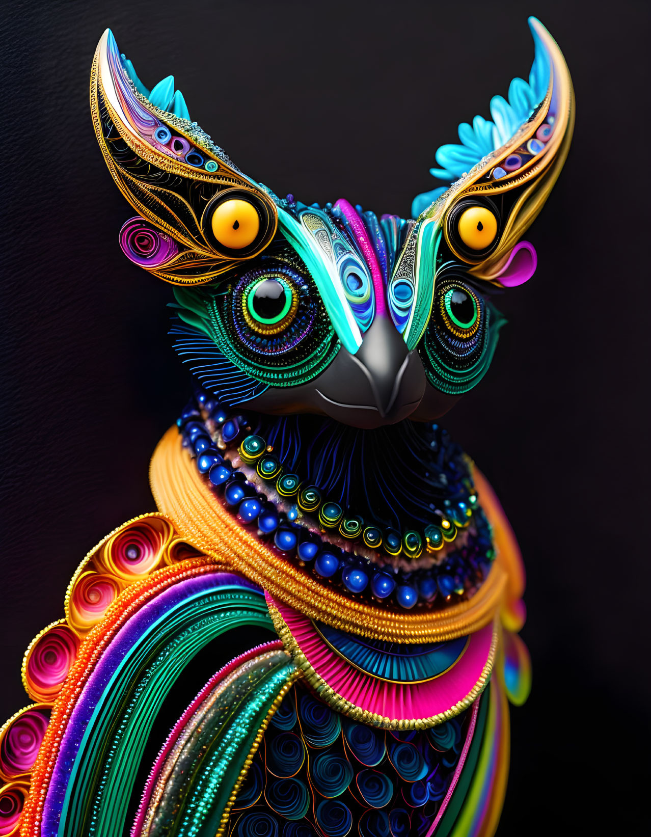 Colorful Owl Artwork with Intricate Patterns on Dark Background