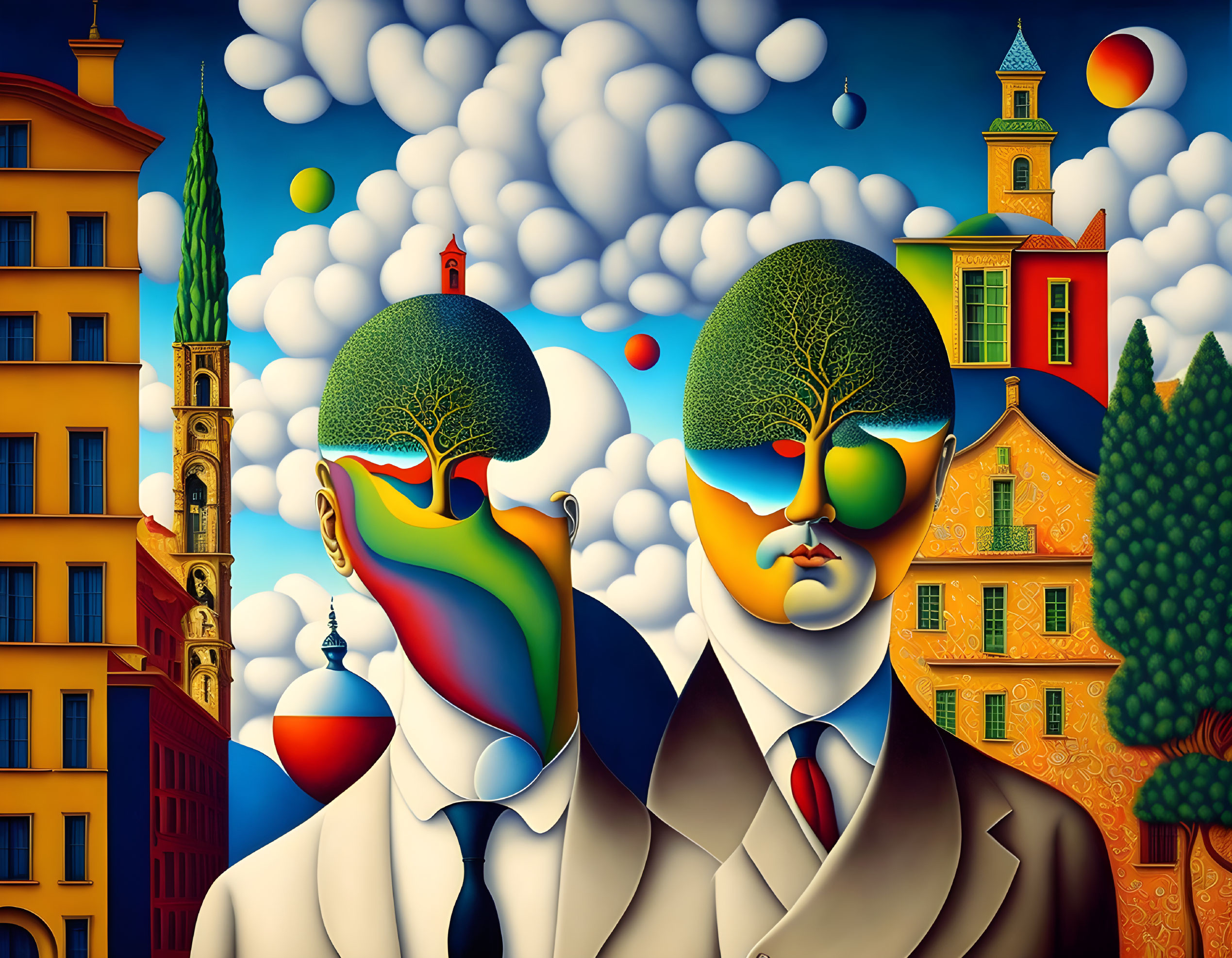 Surreal Painting: Two Figures with Tree-Like Heads in Vibrant Colors