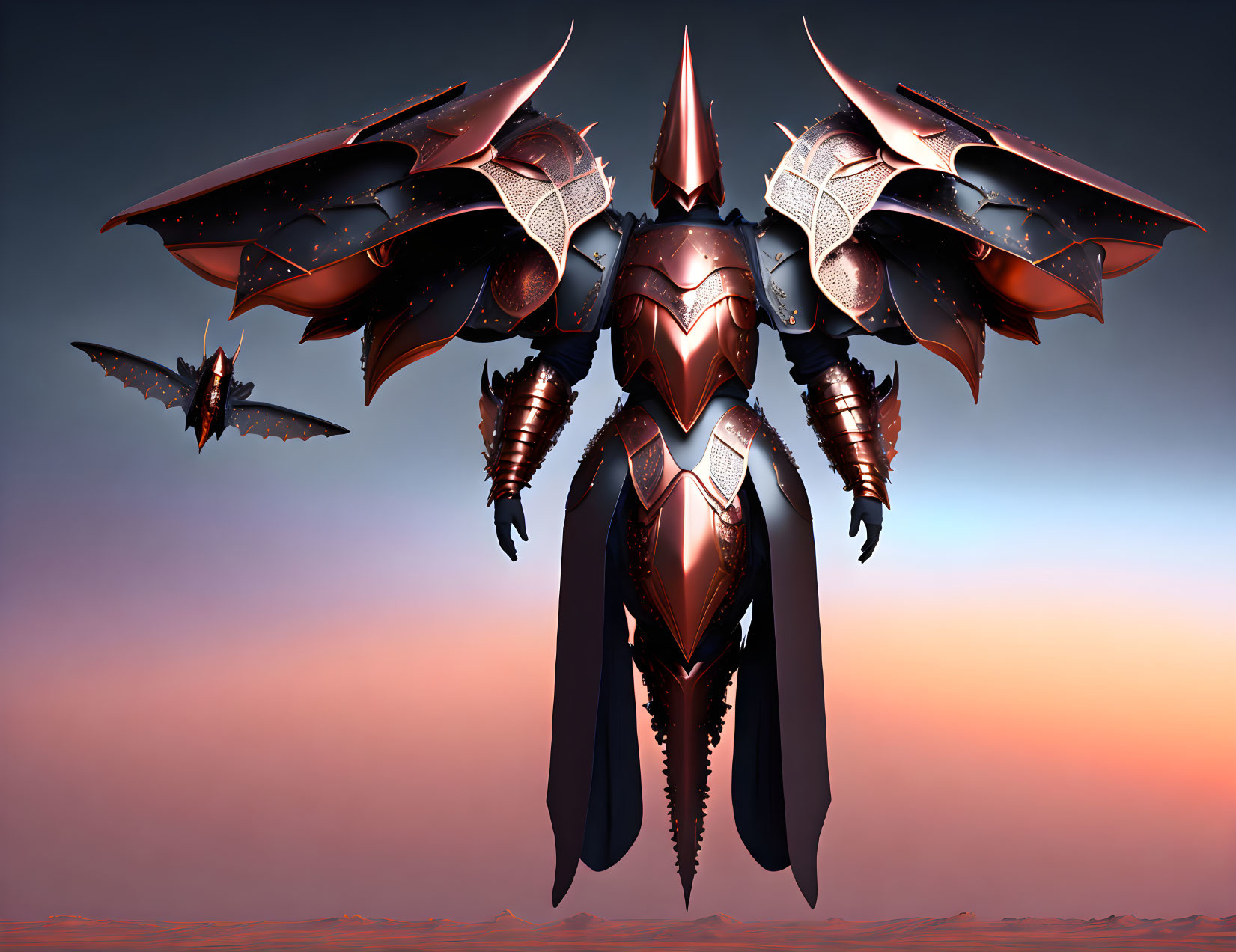 Armored insectoid characters with wings in sunset scene